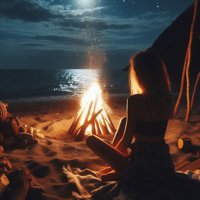 A woman sits by a fire on the beach at night