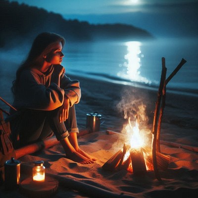 A woman sits by a campfire on the beach at night