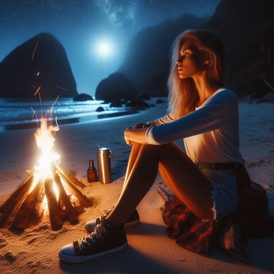 A woman sits by a campfire on a beach at night