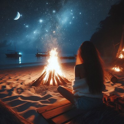 A woman sits by a bonfire on a beach at night