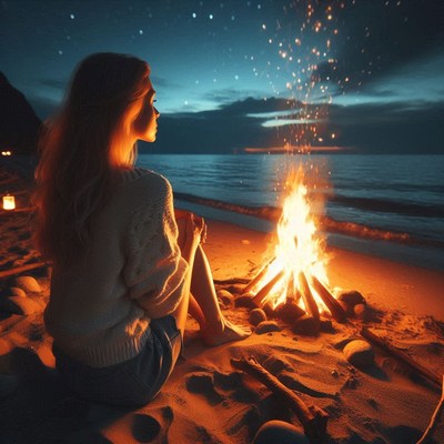 A woman sits by a bonfire on the beach at night