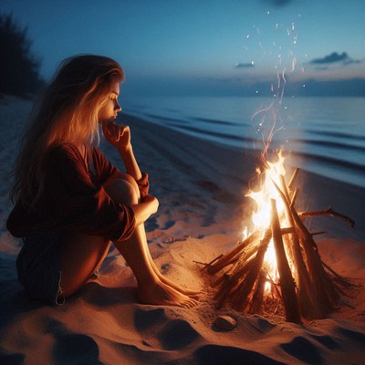 A woman sits by a bonfire on the beach at night