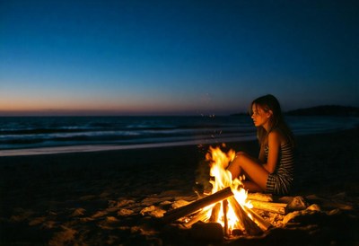 A woman sits by a fire on the beach at night