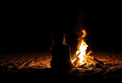 A person sits by a campfire on the beach at night