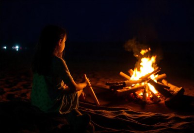 A woman sits by a campfire on a beach at night