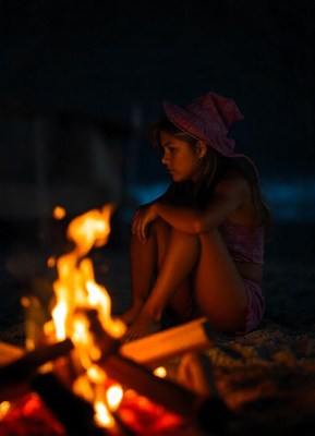 A woman sits by a campfire at night