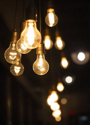 Warm light bulbs hang from the ceiling