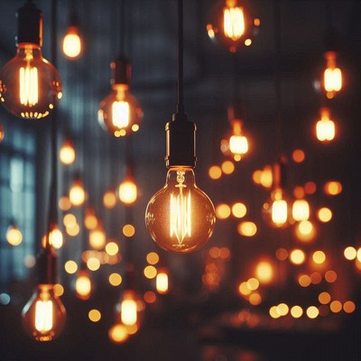 A single light bulb hangs in a room with many other lights