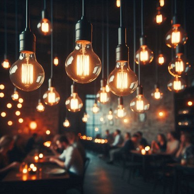 Edison bulbs hang over tables in a restaurant