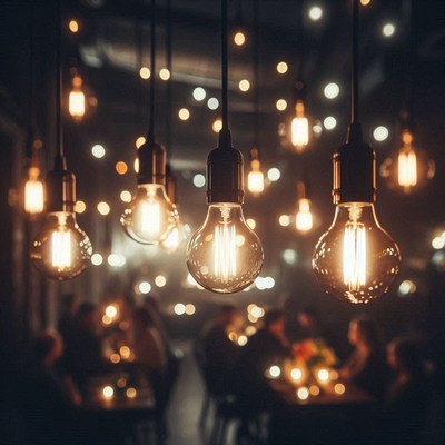 Warm light bulbs hang above a dimly lit restaurant