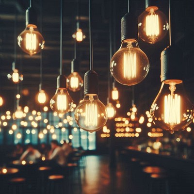 Large edison bulbs illuminate a cafe at night