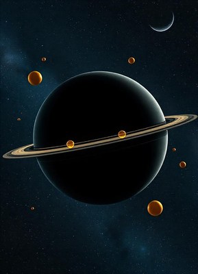A black planet with rings in space