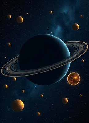 A ringed planet orbits in a starry sky