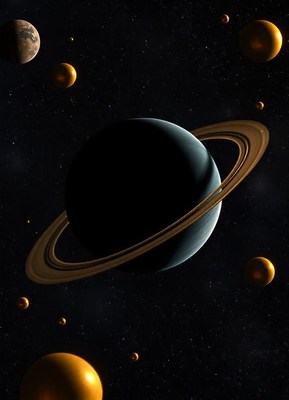 A ringed planet in a starry night sky