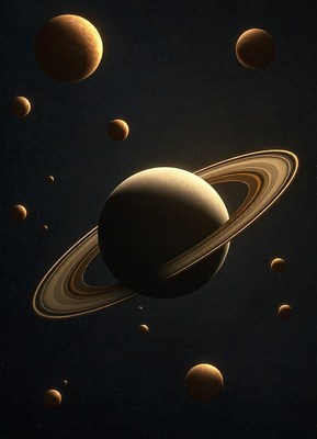 Saturn and its rings shine in the dark expanse of space