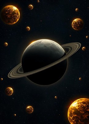 A ringed planet surrounded by glowing moons