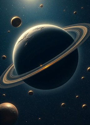 A large planet with rings in a dark space with many stars