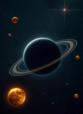 A ringed planet and a large moon in a dark, starry sky