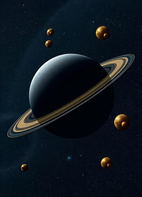Saturn with its rings and moons in space