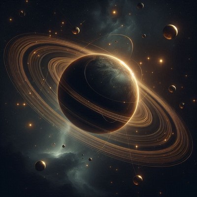 A planet with gold rings glows in the darkness of space