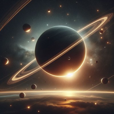 A ringed planet shines brightly in the dark sky