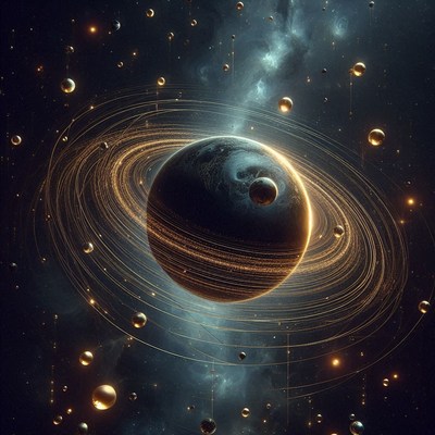 A golden ringed planet shines in space