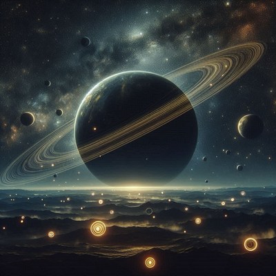A ringed planet shines in a starry night sky