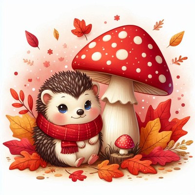 Hedgehog in a scarf by a mushroom in autumn