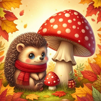 Hedgehog in a red scarf by a large mushroom