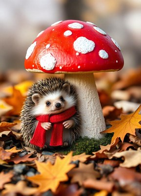 Hedgehog in a red scarf by a mushroom in leaves