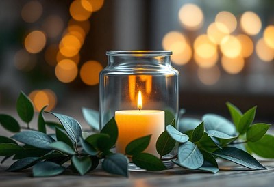 Bright candle in glass jar, surrounded by plants