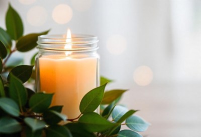 A candle burns brightly surrounded by green leaves