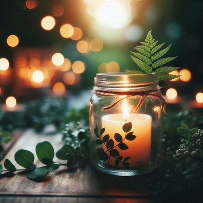 A candle in a jar glows on a wooden table with greenery