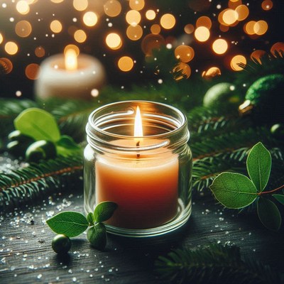 A candle glows brightly in a jar surrounded by green foliage
