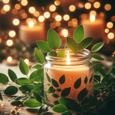 A candle with green leaves burns brightly in a glass jar