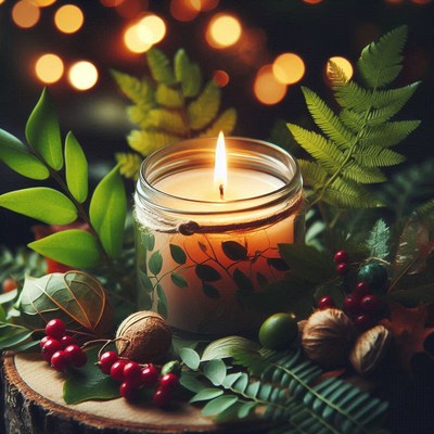 A candle burns brightly surrounded by greenery and berries