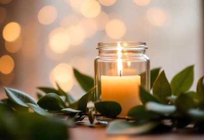 A lit candle sits inside a clear glass jar