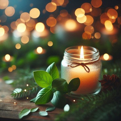 A candle shines in a jar, amidst greenery and lights