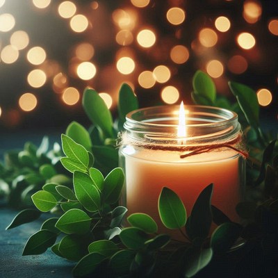 A lit candle sits amongst green leaves