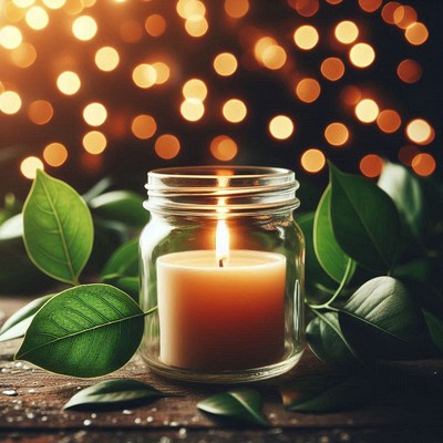 Bright candle in jar, green leaves, soft lights
