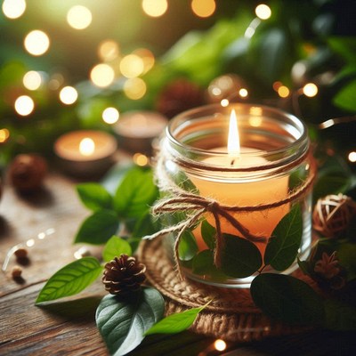 A candle burns brightly in a glass jar on a wooden table