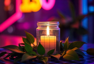 A candle glows brightly in a glass jar surrounded by leaves