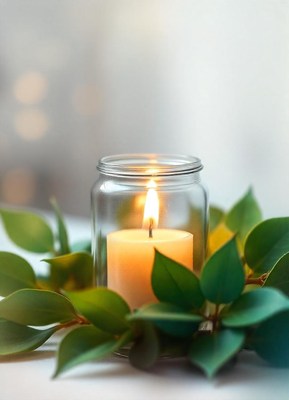A candle glows in a glass jar surrounded by green leaves