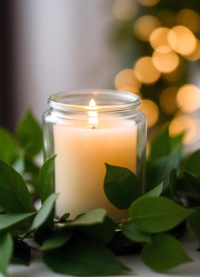 A lit candle surrounded by greenery