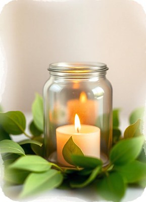 A candle burns in a glass jar surrounded by green leaves