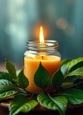 A lit candle sits in a glass jar surrounded by green leaves