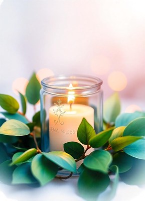 A lit candle in a glass jar surrounded by green leaves