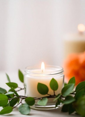 A lit candle sits on a table surrounded by greenery