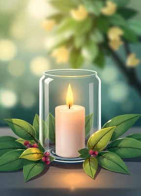 A white candle is lit and burning inside a clear glass jar