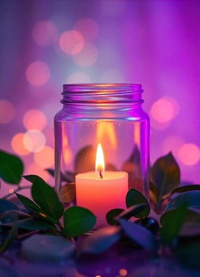 A candle glows in a glass jar amid greenery